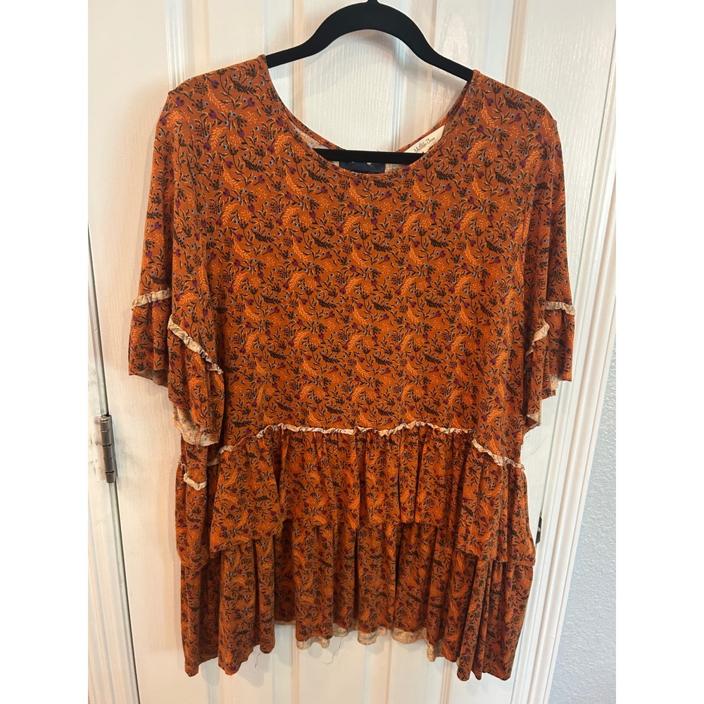 Matilda Jane Tunic Top Burnt Orange Floral Tiered Ruffle Boho Flutter Sleeve